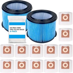 12 Pack VF3501 Dust Bags with 2 Pack VF3500 replacement filters Compatible with Ridgid 3-4.5 Gallon Wet/Dry Vacuum