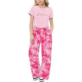 Arshiner Girls Clothing Sets Short Sleeve Ruched Drawstring Crewneck Tops and Wide Leg Pants with Pockets Casual Pant Sets