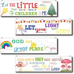 4 Pieces Colorful Words Wall Art Wooden Sign, Inspirational Quotes Motivational Saying Playroom Decor for Nursery Classroom Kids Playroom Christmas decoration