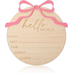 Baby Announcement Sign, Pink Bow Welcome Baby Sign, Wooden Hello World Newborn Signs for Recording baby Birth Information