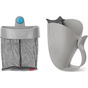 Skip Hop Moby Bath Toy Organizer Scoop and Baby Bath Rinse Cup Waterfall Rinser Bundle, Grey
