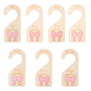 7pcs Baby Closet Dividers, Double-Sided Baby Wardrobe Organizer 3D Pink Bow Wooden Infant Clothes Size Dividers Hanger Organization for Girl Boy Newborn to 24 Months Nursery Decor