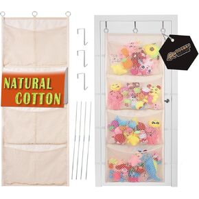 Stuffed Animal Storage - 100% Cotton Over Door Organizer for Stuffies, Baby Ideas Holder with 4 Large Pockets, Toy Plush Storage/Hammock Hanging Storage Net Big Girls Toddler Large Bag Animals Stuffy