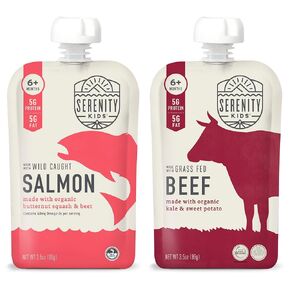 Serenity Kids Surf & Turf Baby Food Pouches Bundle | 6 Each of Wild Caught Salmon & Grass Fed Beef (12 Count)