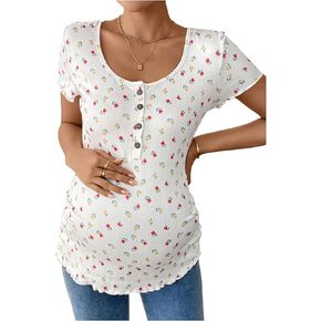 MakeMeChic Women's Maternity Tee Shirt Floral Scoop Neck Button Short Sleeve Pregnancy Nursing Tees