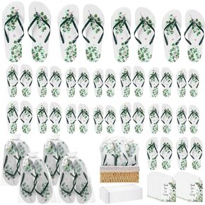 Geyoga 24 Pairs Flip Flops Bulk for Wedding Guest Eucalyptus Theme Slippers with Cards Bags Wedding Party Favors for Pool Beach Party