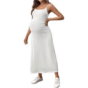 OYOANGLE Women's Maternity Square Neck Sleeveless Spaghetti Strap Cami Dress Waffle Knit A Line Solid Long Dresses