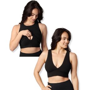 Kindred Bravely Sublime Longline & Sublime Plunge Nursing Bras | 2 Nursing Crop Tops Bundle (Black, Large)