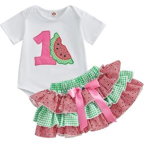 Bagilaanoe First Birthday Baby Girl Outfit 1 Watermelon Short Sleeve Romper Bodysuit Layer Ruffled Tutu Skirt