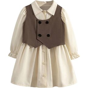 MakeMeChic Baby-girls Two Piece Cute Outfit Double Breasted Vest and Button Down Long Sleeve Dress Set