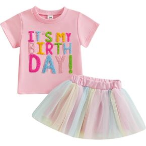 Toddler Baby Girl Birthday Outfits 2Pcs Summer Clothes Embroidery Letter Short Sleeve T Shirts and Tulle Skirts Sets