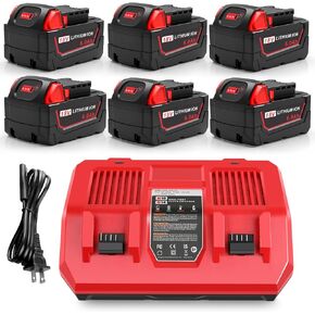 6Pcs 18V 6Ah Battery and N18-N14 18V Dual Port Charger Set for Milwaukee WK18 Tools 48-11-1850 48-11-1860 48-11-1820 48-11-1840 48-11-1830 48-11-1870 48-11-1880 Fast Charging