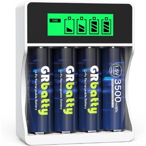 Rechargeable AA Lithium Batteries, 3500mWh with AA and AAA Charger, 1500 Cycles 1.5V, for Household, Cordless Phones, Remote Controls, Electronics (4 Pack)