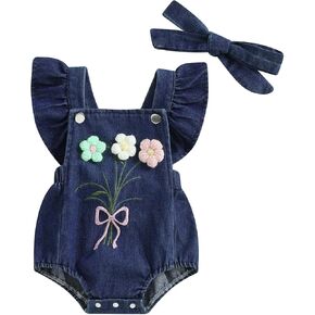 Newborn Baby Girl Romper Ruffle Fly Sleeve 3D Flower Embroidery Denim Jeans Bodysuit Heandband Summer Outfit Clothes