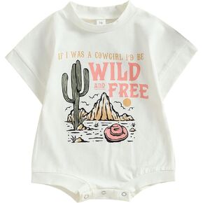 Infant Baby Girls Bubble Romper Western Cowgirl Outfit Cactus Print Short Sleeve Jumpsuits Oversized T-Shirt Clothes