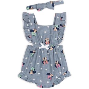 Disney Minnie Mouse Baby Girls Square Neck Chambray Romper and Headband Newborn to Infant Sizes (0-3 Months - 18 Months)