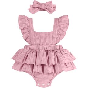 Newborn Baby Girl One-piece Romper Dress Infant Girl Summer Outfits with Headband Ruffle Sleeveless Bodysuit for Baby