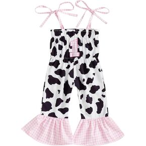Pudcoco Baby Girls 1st Birthday Outfit Sleeveless Straps Cowgirl Romper 1 Plaid Embroidery Jumpsuit Summer Clothes