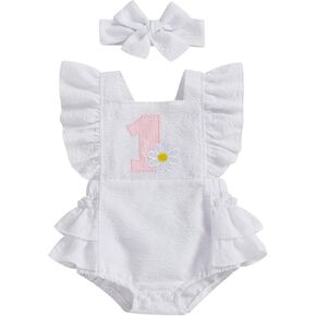 GOOCHEER Baby Girl First Birthday Outfit 1 Embroidery Romper One Year Old Birthday Bodysuit Cake Smash Clothes