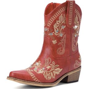 Cowboy Boots for Women - Western Embroidered Cowgirl Boots with Sparkly Rhinestone, Pointed Toe Chunky Heel Side Zipper Vintage Short Booties, Women's Ankle High Fashion Retro Country Booties