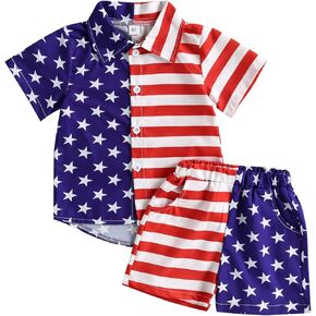 Kuriozud Toddler Baby Boy 4th July/Halloween/Christmas Outfits Button Down Shirt+ Short Pants Set Festivel Clothes