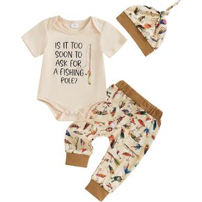 Newborn Baby Boy Fishing Outfit Letter Print Short Sleeve Romper and Fish Print Pants Set Infant Summer Clothes Hat