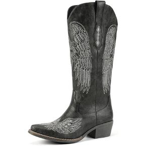 Chic Women's Embroidered Western Cowboy Boots – Angel Wings Design, Slip-On Mid-Calf Boots with Chunky Heel, Vintage Cowgirl Boots for Rodeo, Casual & Party Wear