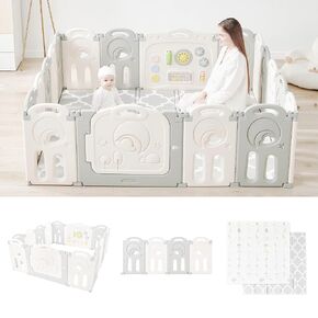Fortella Gray Baby playpen 18 Panel (14-Panel playpen +4-Panel Extension) with Play mat
