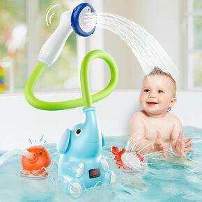 Baby Bath Shower Head with Water Thermometer, 3-in-1 Rechargeable Bath Toys, 3 Exchangable Shower Heads and Soft Silicone Baby Brush, for Newborns, Toddlers in The Tub or Sink-Sensing V2