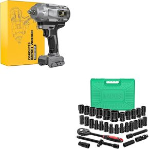 Cordless Impact Wrench 1/2 inch for Dewalt Battery, 900FT-LBS (1200N.m) Brushless Electric Impact Gun and 32 Piece 1/2-Inch Drive Deep Impact Socket Set CR-V Steel CHROME VANADIUM
