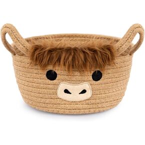 Highland Cute Cow Basket for Nursery, Small Shower Gift Basket, Round Woven Rope Cotton Storage, Baby Blanket 0rganizer with Ears Handles, Blanket Towel Decor Storage Bins, 10.7"D x 4.4"H IN