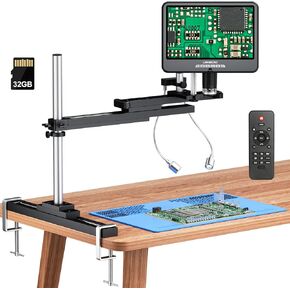 LM210A HDMI Digital Soldering Microscope for Adults with Boom Slide Arm Stand, 10.1" Screen, UHD 2160P Video, Desk Side Mount Slide and C-clamp, Soldering Microscope Camera for Electronic Repair, 32GB