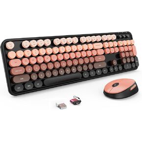 Wireless Keyboard and Mouse Set, Full-Size Typewriter Keyboard with Retro Round Keycaps, Ergonomic Design, Compatible with Windows PCs, Ideal for Home and Office. (Milk Tea)