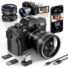 5K Digital Cameras for Photography，48MP/60FPS Video Camera for Vlogging, WiFi & App Control Vlogging for YouTube, Small Camera with 32GB TF Card.Wide-Angle & Macro Lens