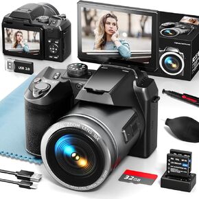 64MP 5K Digital Camera for Photography, Vlogging Cameras for YouTube with 3" Flip Screen,16X Digital Zoom, WiFi& Autofocus,2 Batteries, 32GB TF Card