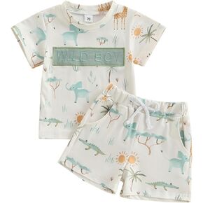 GOOCHEER Summer Toddler Infant Baby Boy Outfit Wild Boy Short Sleeve T-Shirt and Shorts Safari Jungle Zoo Animal Clothes
