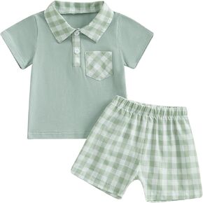 Infant Toddler Baby Boy Summer Outfit Polo Plaid Short Sleeve T-Shirt Tops and Shorts Set
