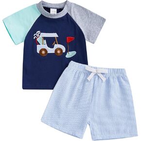 Toddler Baby Boy Golf Outfit Golf Embroidery Short Sleeve T-Shirt Plaid Shorts Set 2Pcs Infant Summer Clothes
