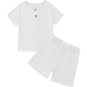 Toddler Baby Boys Outfit Cotton Linen Set Button Up Short Sleeve Shirts and Shorts Set Baby Boy Summer Clothes Outfit