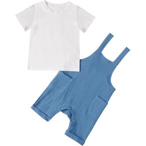 Hotfiary Baby Boy Clothes Toddler Summer Outfit Cotton Gauze Shortall Romper Pocket & White T-Shirt Set Jumpsuit Solid 6M-4T