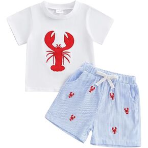 Toddler Baby Boy Summer Outfits Crayfish Embroidery CrewNeck Short Sleeve Tops Stripe Shorts 2pcs Lobster Clothes