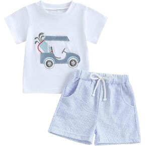Toddler Baby Boy Golfing Outfit Golf Embroidery Short Sleeve T-shirt Plaid Elastic Waist Shorts Set Summer Clothes