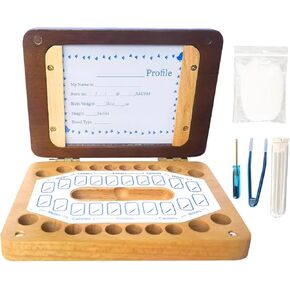 Tooth Keepsake Box with Profile Card, Wooden Memory Storage Case for Lost Teeth, First Tooth Organizer with Display Frame, Special Milestone Gift for Boys