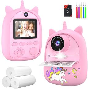 Instant Print Camera for Kids, Kids Camera with Unicorn Case, Best Unicorn Toys for 3 4 5 6 7 8 9 10 11 12 Year Old Girls, Christmas Birthday Gifts, HD Video Camera with Dual Lens, 32GB Card(Pink)