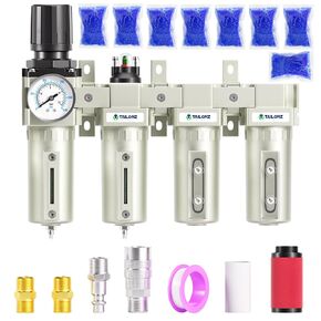 TAILONZ PNEUMATIC 0-240PSI 1/2 Inch NPT Industrial Grade 4 Stage Air Drying System, Particulate Filter, Coalescing Filter, Double Desiccant Dryer and Air Regulator (Manual Drainage)