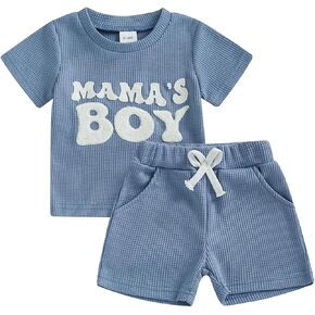 Toddler Baby Boy Summer Outfit Mama's Boy Baby Clothes Waffle Knit Short Sleeve T Shirt Top+Shorts Infant 2 Piece Set