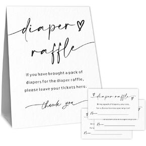 Baby Shower Diaper Raffle Game Set, Baby Announcement, Baby Shower, Supplies & Decorations For Gender Reveal, 1 White Standing Sign & 50 Diaper Raffle Tickets - A01