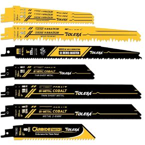 TOLESA 13 Pieces Reciprocating Saw Blade Set, Bi-Metal & Carbide Saw Blades for Wood Pruning, Wood with Nails, Thick Metal & Plastic with Organizer Bag