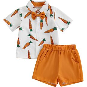 Toddler Baby Boy Easter Outfits Short Sleeve Button Down Shirt Shorts Sets Easter Carrot/Bunny Summer Clothes