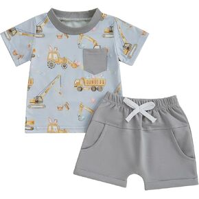 2Pcs Toddler Baby Boy Easter Outfits Short Sleeve Bunny Truck Print T-shirt Elastic Shorts Infant Summer Farm Clothes